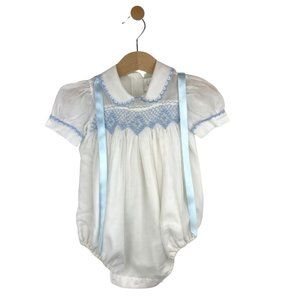 Vintage Linen Embroidery Baptism Onesie White and Light Blue 0-3 months